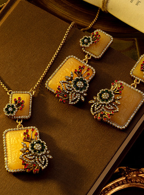 橙色花朵镶嵌立体雕刻中古vintage项链套装东方美新中式国风耳环