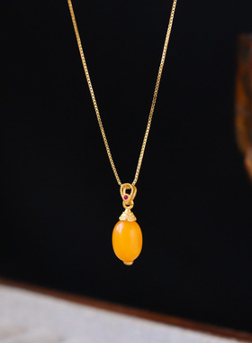 新中式复古精致蜜蜡吊坠通体925银项链简约时尚百搭锁骨链