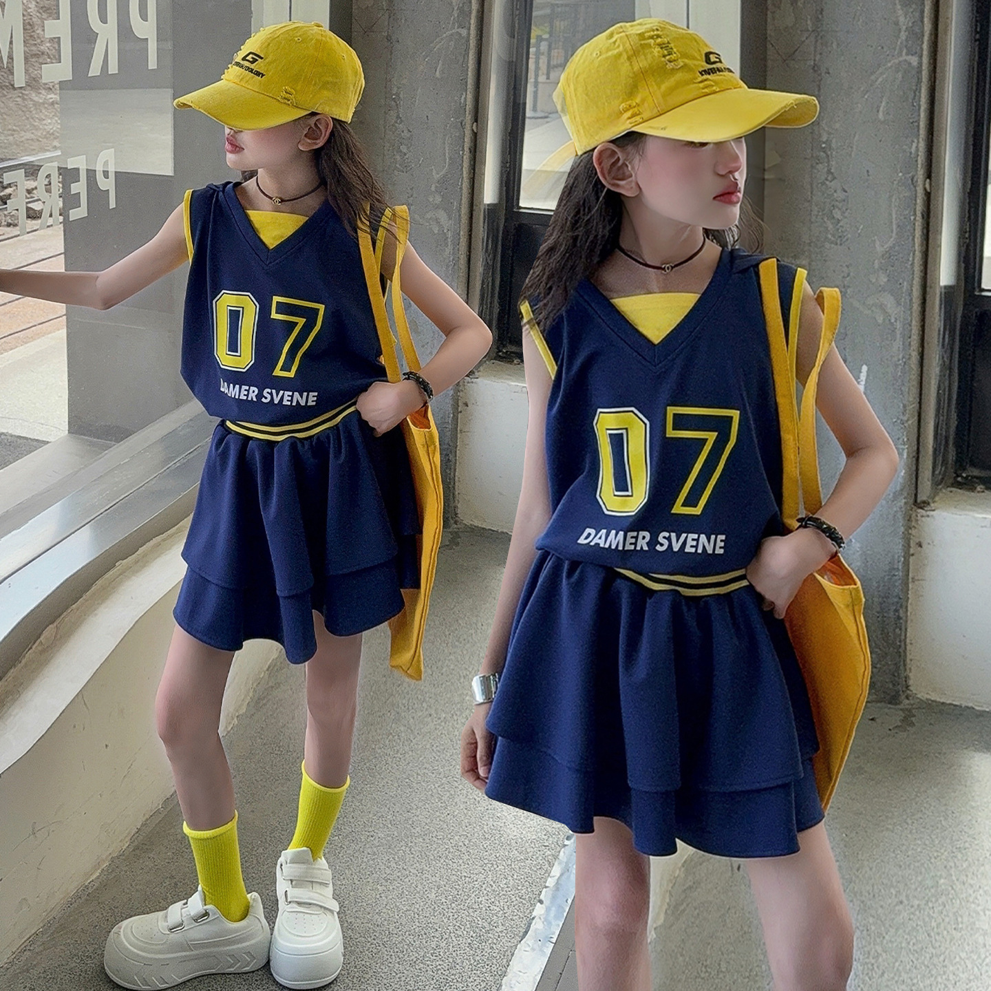 女童运动风套装2025夏季新款撞色连帽背心裙裤中大童洋气时髦童装，童装休闲套装，祺儿童装