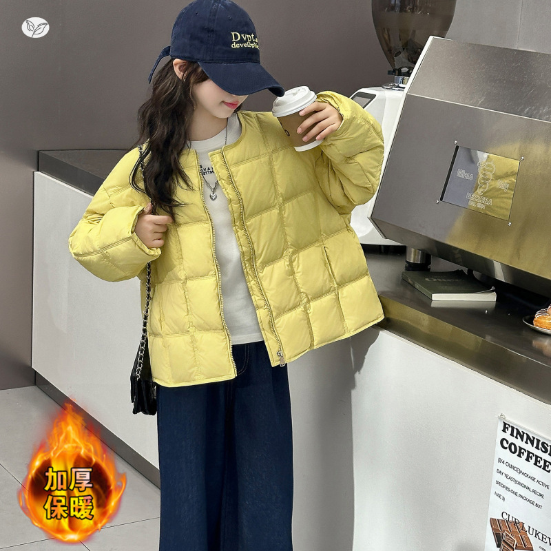 女童泡芙格棉衣2025年冬季新款夹棉棉服轻薄款中大童休闲短款外套，童装棉衣，祺儿童装