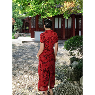 气质新中式红色植绒改良裙2026女夏季新款印花短袖修身大码旗袍潮