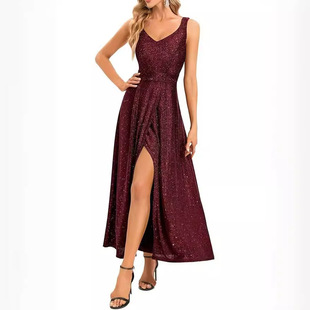 外贸女式礼服连衣裙舞会晚会长款开叉V领鸡尾酒会正式婚礼长裙子