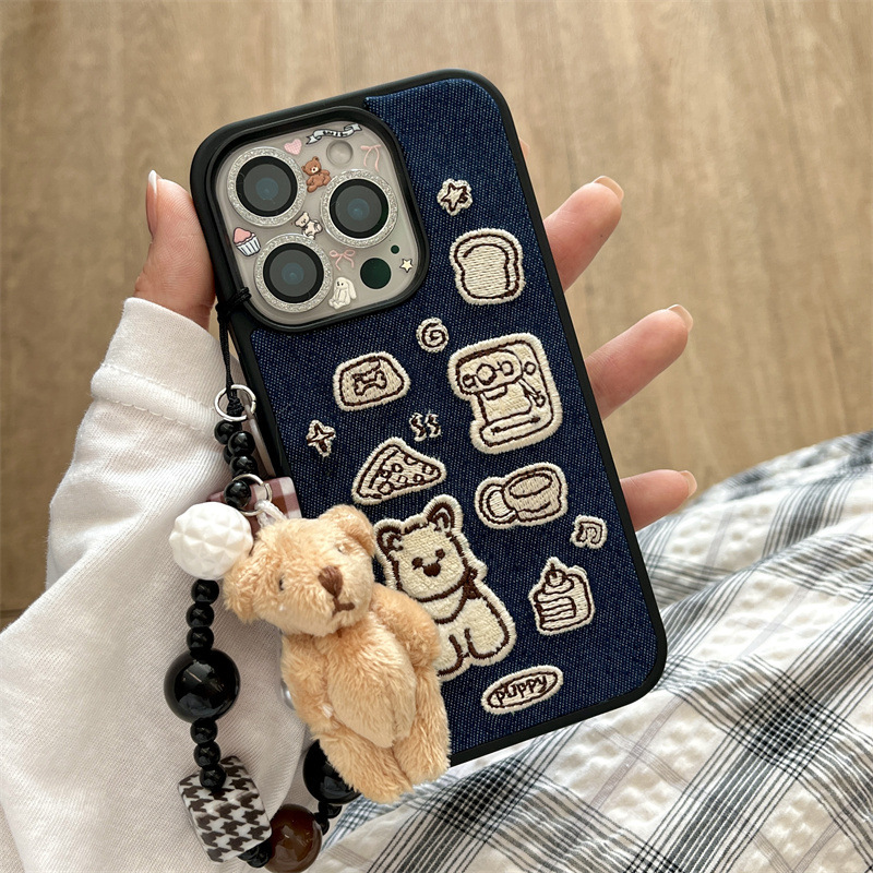 日韩刺绣咖啡西地适用iPhone17苹果16ProMax/15/14手机壳带链条