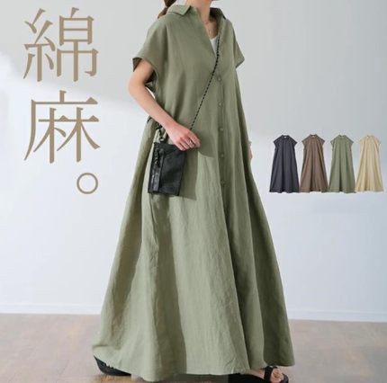 棉麻短袖连衣裙女夏宽松H型遮肉森系慵懒度假风超长款过膝衬衫裙