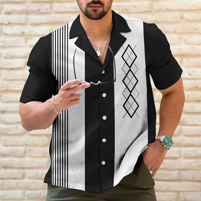 Men Bowling Shirt Striped Casual Breathabl Polo short sleeve