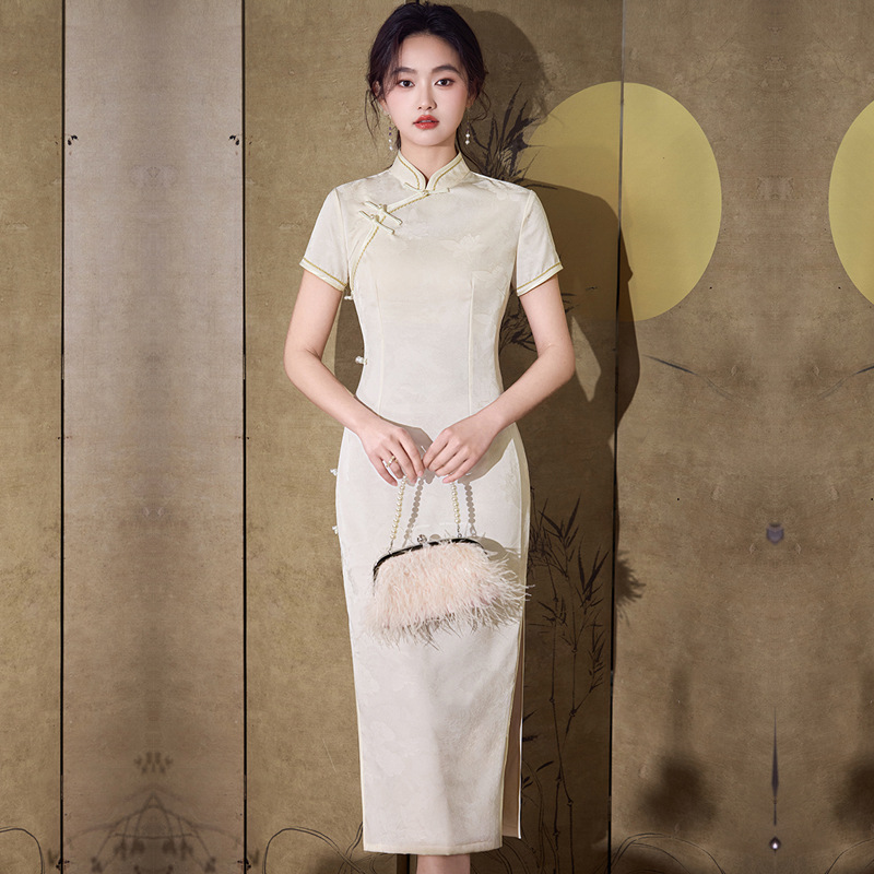 2025春夏款流光缎中长款旗袍修身显瘦日常可穿连衣裙礼服少女民国