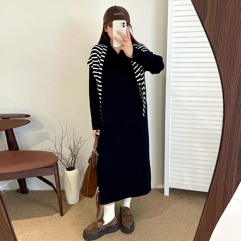 乃粒23573大码女装连帽卫衣女毛衣裙2025冬款胖mm休闲针织连衣裙