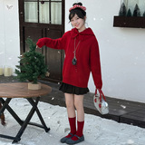 女童2025秋冬新款可拆卸堆堆活帽红色毛衣女大童洋气拜年服针织衫，童装毛衣，祺儿童装