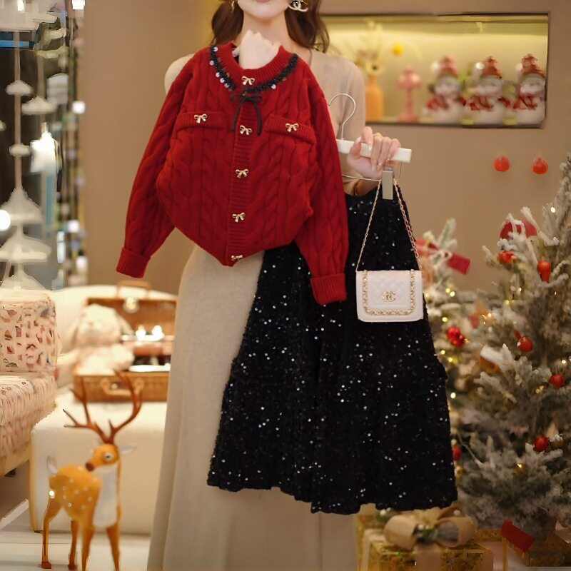 女大童冬季新年套装2026新款儿童针织毛衣亮片半身裙拜年服两件套