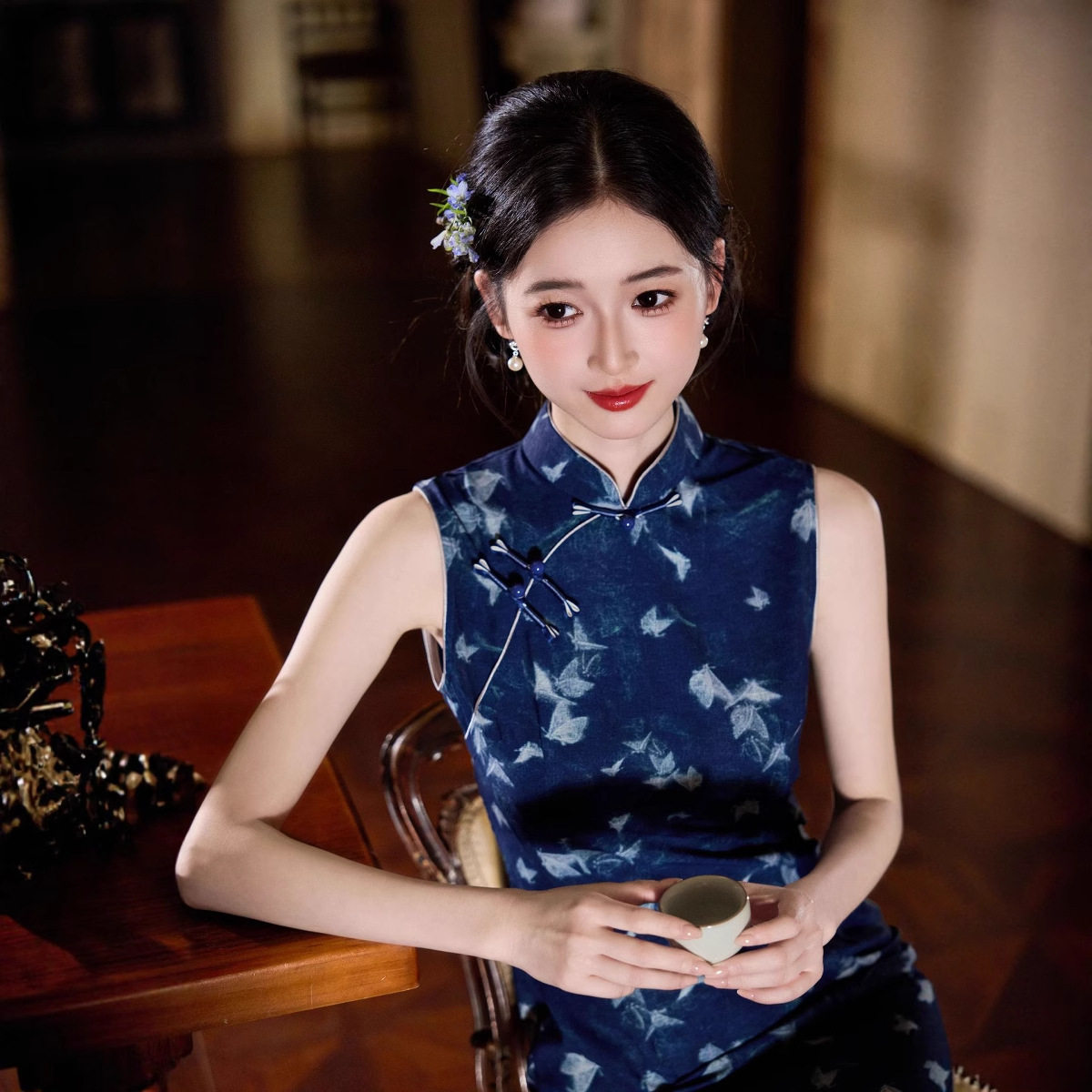 2026夏季新款旗袍天蓝色无袖显白女装新中式国风日常气质收腰礼服