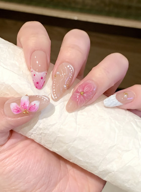 【花锦韶华】精品欧美穿戴甲甲片裸色法式杏仁甲雕花假指甲