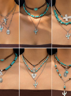 欧美跨境饰品复古仿松石锁骨链小众串珠项链套装民族风仙人掌项饰