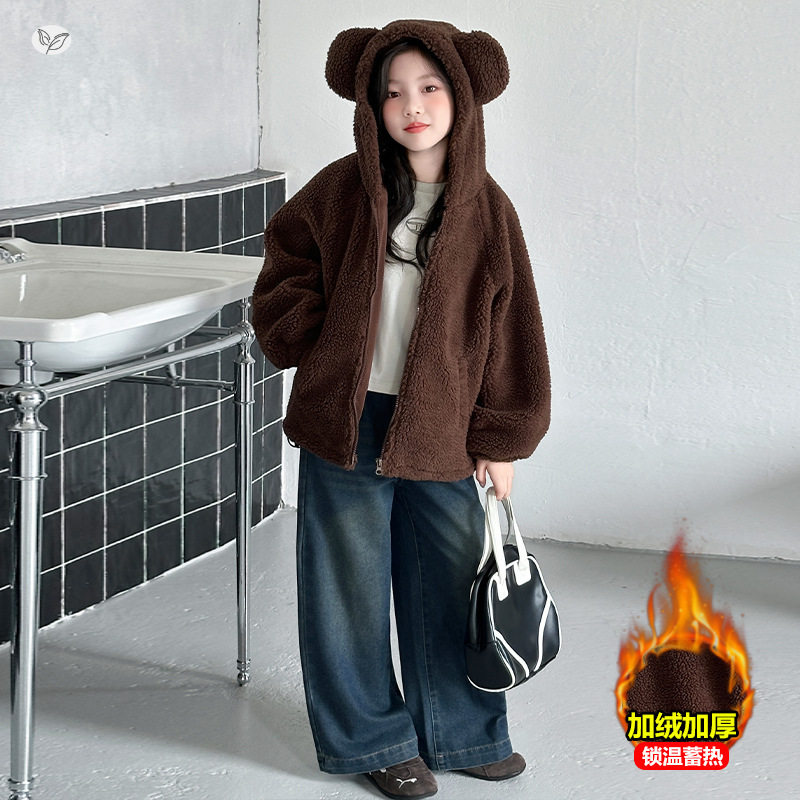 女童2025年冬季新款小熊耳朵毛毛衣女大童可爱毛茸茸加厚软糯外套，童装外套，祺儿童装