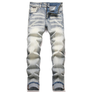 复古蓝刺绣猫须牛仔裤中腰外贸潮流修身小脚裤男生时尚休闲裤朋克