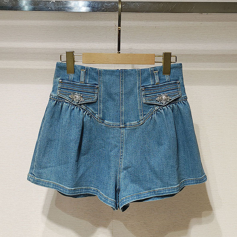 现货深圳南油早秋女装XRC4Y01C复古甜美公主风捏褶荷叶边牛仔短裤