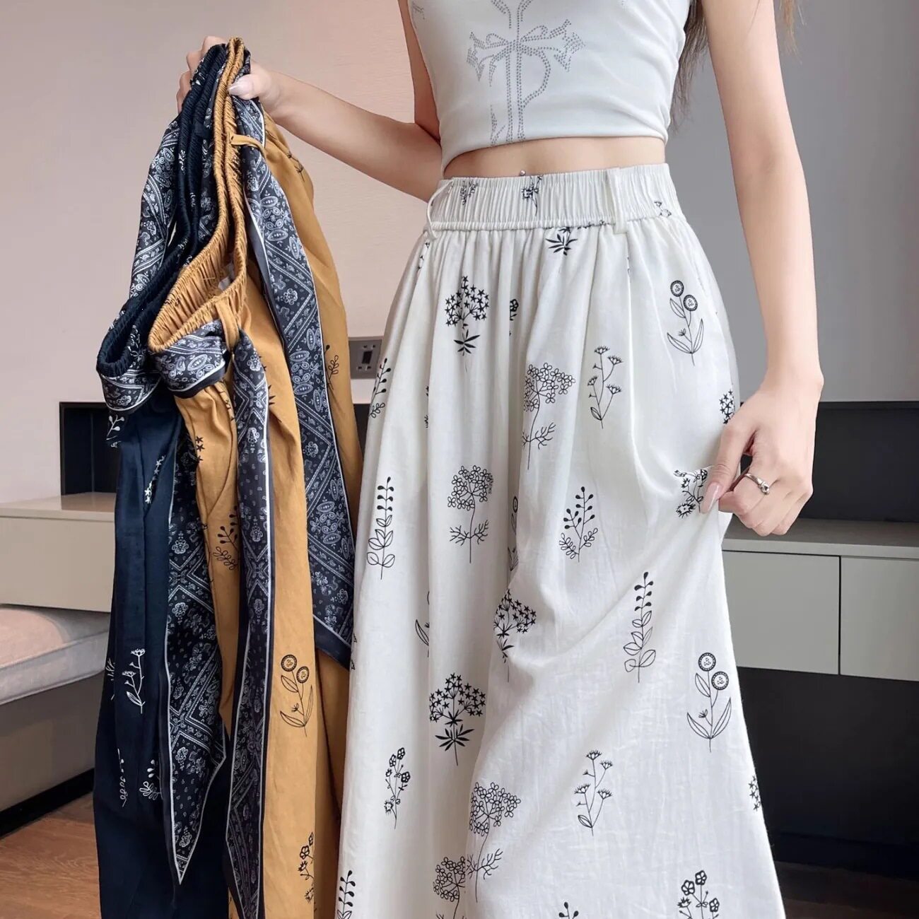 民族风宽松直筒休闲九分裤冰丝印花阔腿裤女2025夏季新款腰显瘦