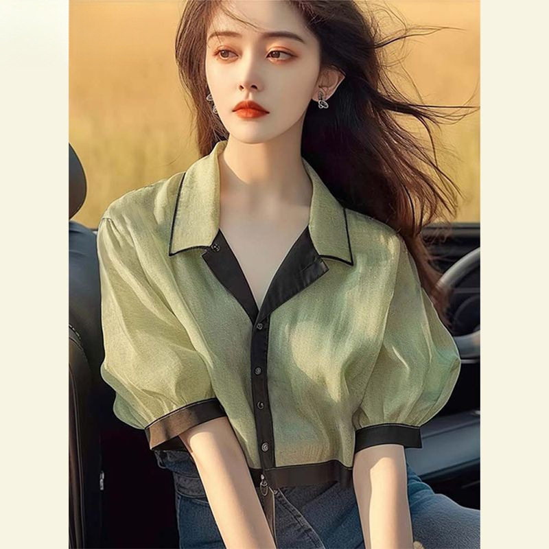 发别致绝美绿色短袖雪纺衫女士2025夏季新款法式通勤显瘦甜辣小