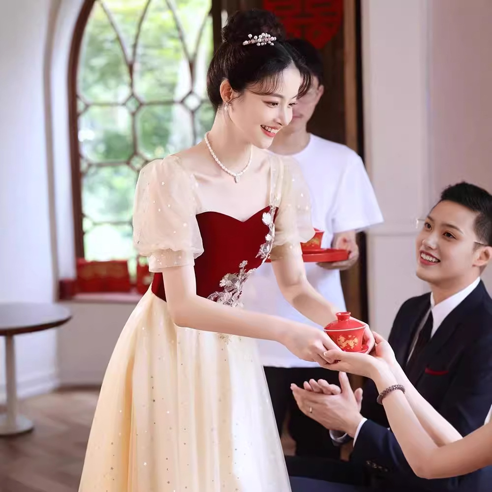 敬酒服新娘酒红色法式订婚连衣裙结婚晚礼服网纱2025新款夏季女