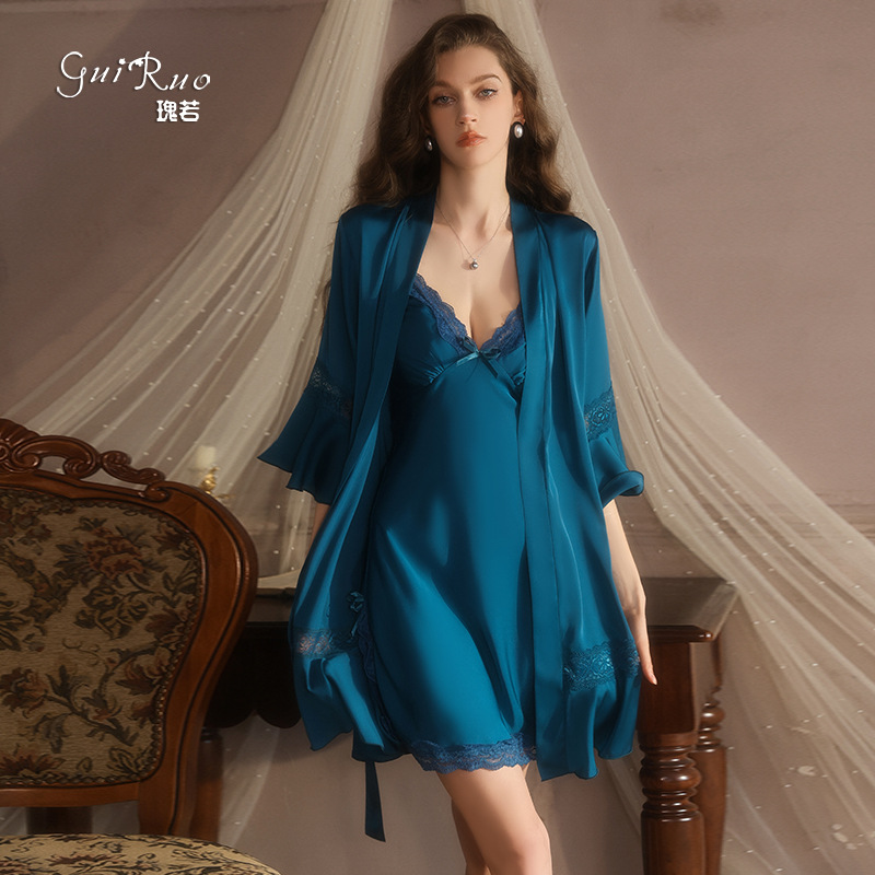 瑰若纯欲慵懒缎面睡衣深V聚拢加胸垫大码睡裙外袍家居服套装2051