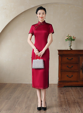 档红色喜妈妈真丝旗袍2026新款改良中式喜婆婆桑蚕丝旗袍连衣裙