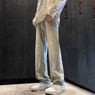 欧美vibe风裤子春季美式hiphop工装牛仔裤侧拉链水系宽松阔腿裤