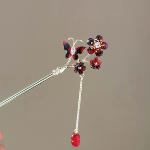 汉服红色蝴蝶流苏发簪新中式步摇盘发簪子古风饰品服饰配件发钗女