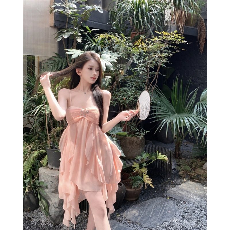 纯欲雪纺吊带连衣裙白鹿同款橘色抹胸露背水母长裙女夏季海边性感