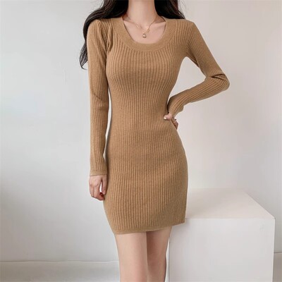 秋冬修身显瘦长袖内搭短款洋气包臀连衣裙小个子打底针织毛衣女装