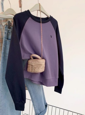 紫色欧货拼接撞色圆领套头卫衣女春秋新款时尚小个子上衣秋冬