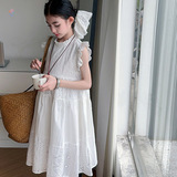 女童休闲棉布提花无袖连衣裙中大童蕾丝花边中长裙A字裙2025夏新，商品下架区，祺儿童装