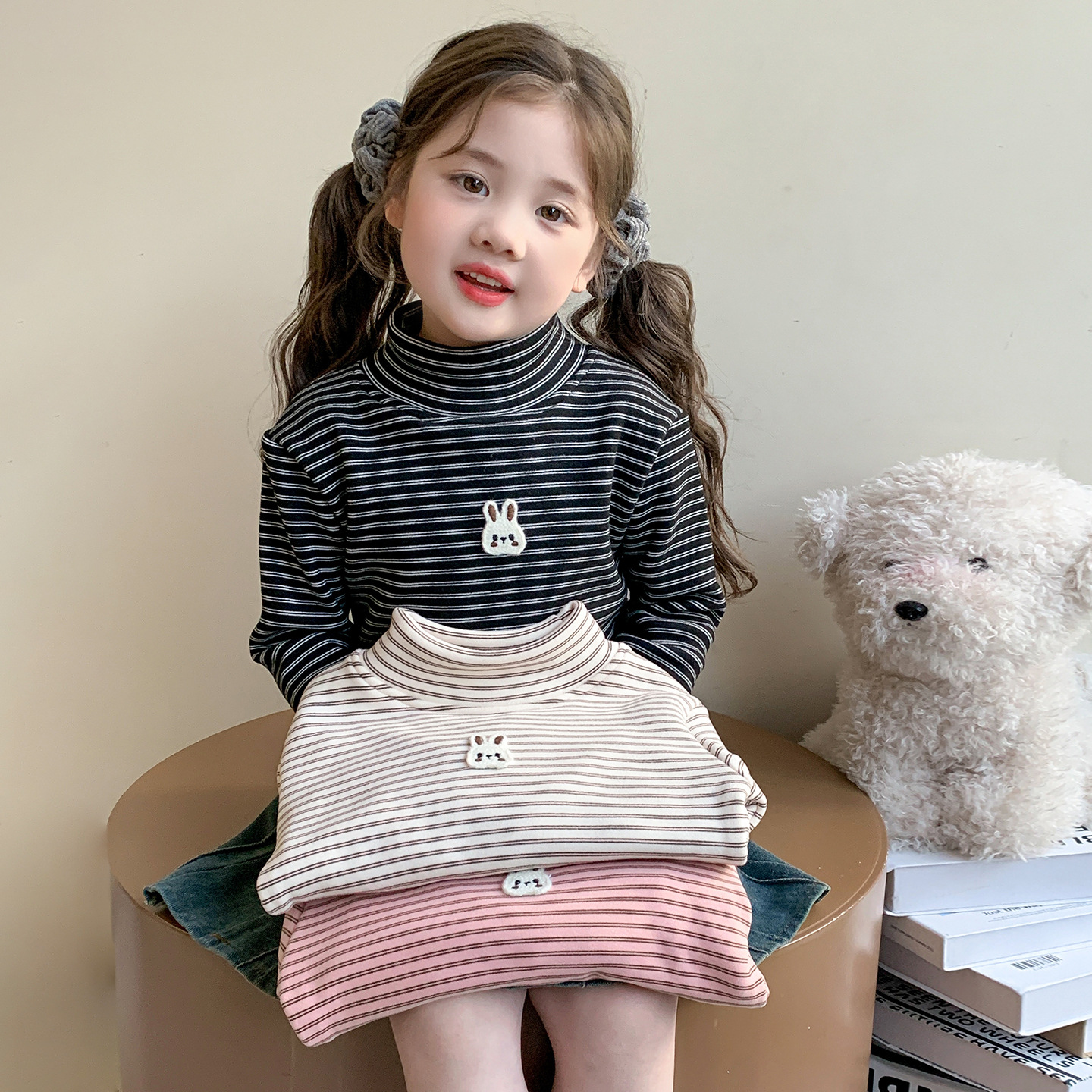 女童打底衫秋冬款2025新款冬季长袖t恤小童儿童冬装加绒上衣TP50，童装外套，祺妙童装