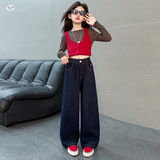 女童2025年冬季新款爱心刺绣净色奥粒一体绒牛仔阔腿裤女孩百搭潮，童装裤子，祺儿童装