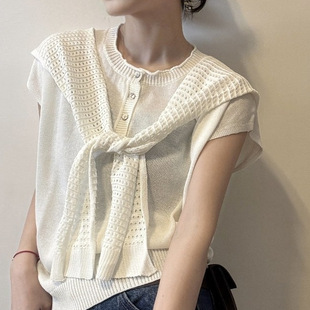 针织衫 欧货配披肩卷边短袖 休闲龄上衣女 新款 欧洲站2026春季