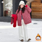 女童夹棉加厚棉袄2025年冬季新款格子拼接双面穿外套中大童新年服，童装棉衣，祺儿童装