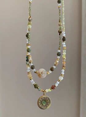 叠戴新中式禅意浅绿色天然石项链民族小众复古清新锁骨链