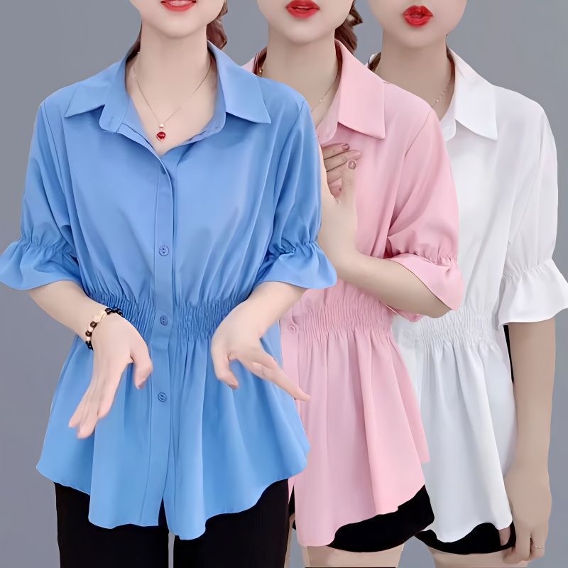 收腰衬衫短袖2025新款显瘦女士衬衫设计感小众衬衣雪纺遮肚子上衣
