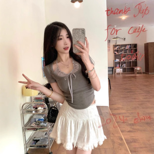 短款 法式 挂脖拼接短袖 洋气独特别致绝美甜辣小上衣夏季 T恤女 新款