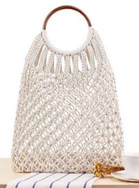 Handmade cotton rope net bag vacation beach bag solid color