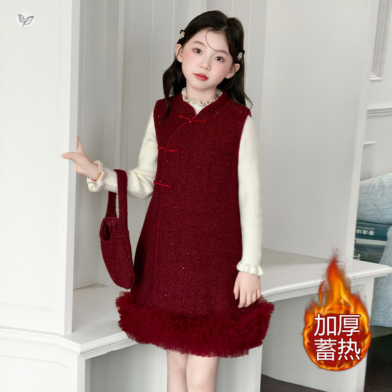 女童新年服套装2025年冬季新款风花边旗袍裙打底衫两件套中大童，童装休闲套装，祺儿童装