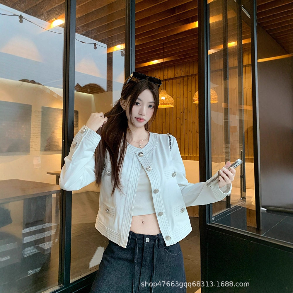 法式明线撞色小香风牛仔外套女2025秋季新款气质短款白色长袖上衣