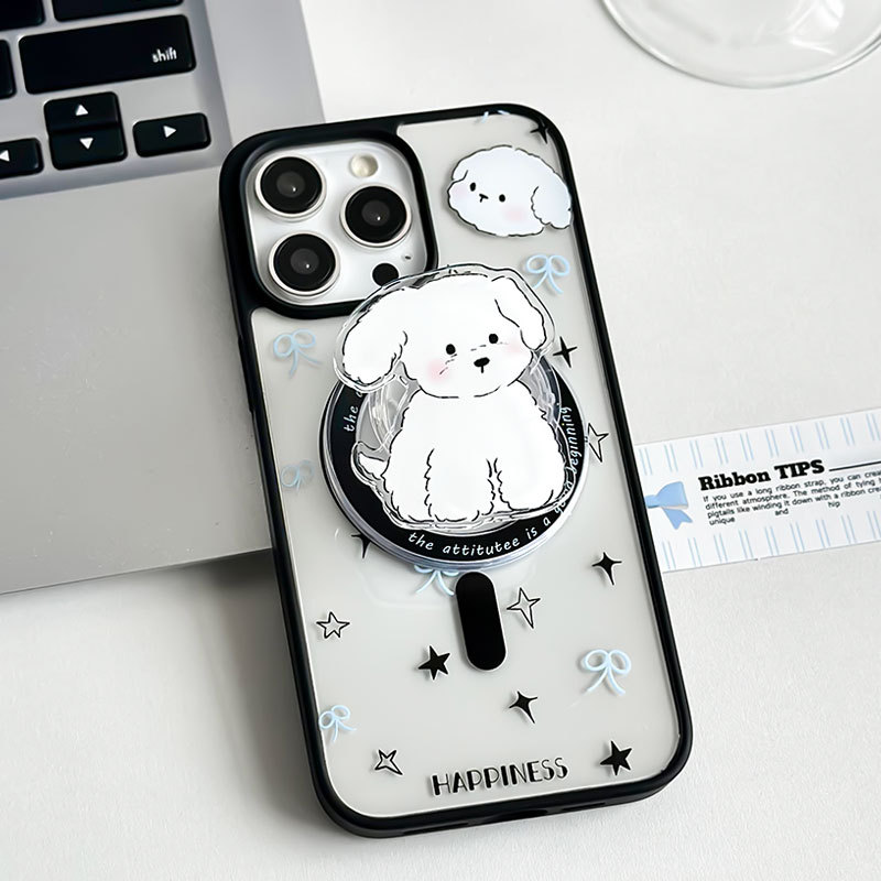 适用苹果手机壳白色小狗磁吸15plus适用12磁吸支架11iPhone14/13Promax磨砂磁吸11