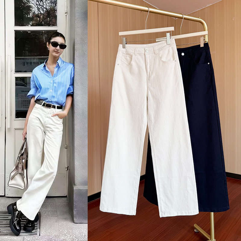 女款显瘦牛仔裤早春新款腰弹力简约百搭休闲窄版白色直筒裤潮正品