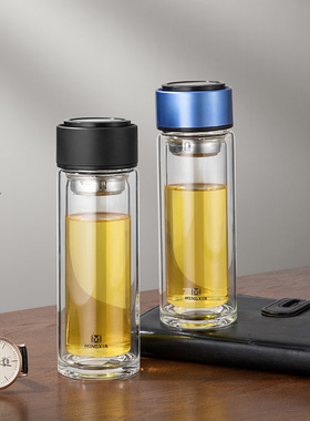 明霞双层玻璃杯户外便携带提环男士茶杯办公家用高硼硅过滤水杯子