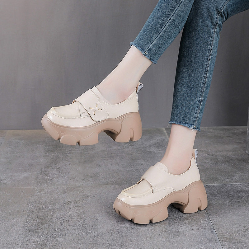 头层牛皮厚底乐福鞋女真皮春秋新舒适小个子增高魔术贴休闲皮鞋