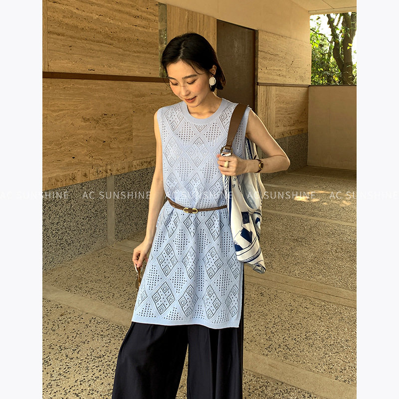 翡格依2026春季新款羊毛抗起球镂空开衩马甲中长款针织连衣裙女