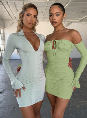 Women's long sleeved dress, sexy chest hugging and hip hugg