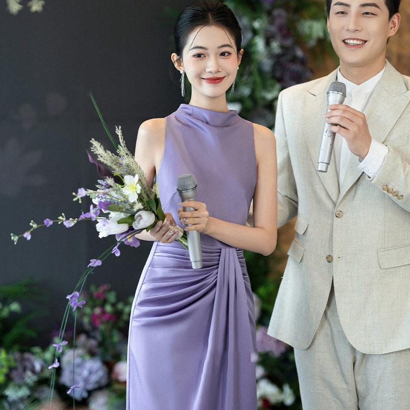 紫色敬酒服订婚礼服极简显瘦级感长裙气质连衣裙晨袍新娘敬酒服