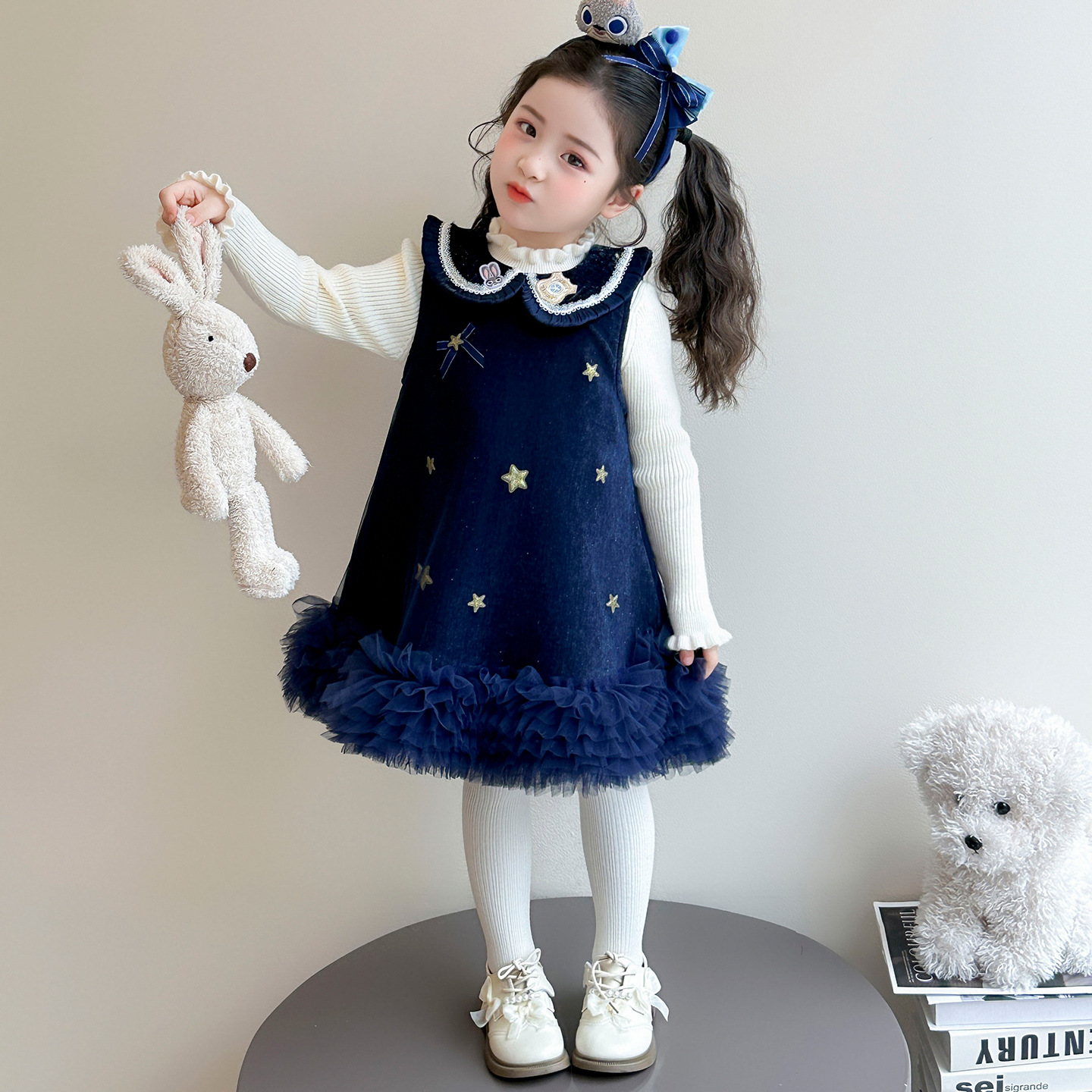 女孩套装冬季加绒加厚背心裙2025新款女小童网纱连衣裙儿童公主裙，童装休闲套装，祺妙童装