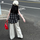 女童夏季不规则格子娃娃衫2025韩系女孩无袖背心上衣阔腿裤套装潮，童装休闲套装，祺儿童装