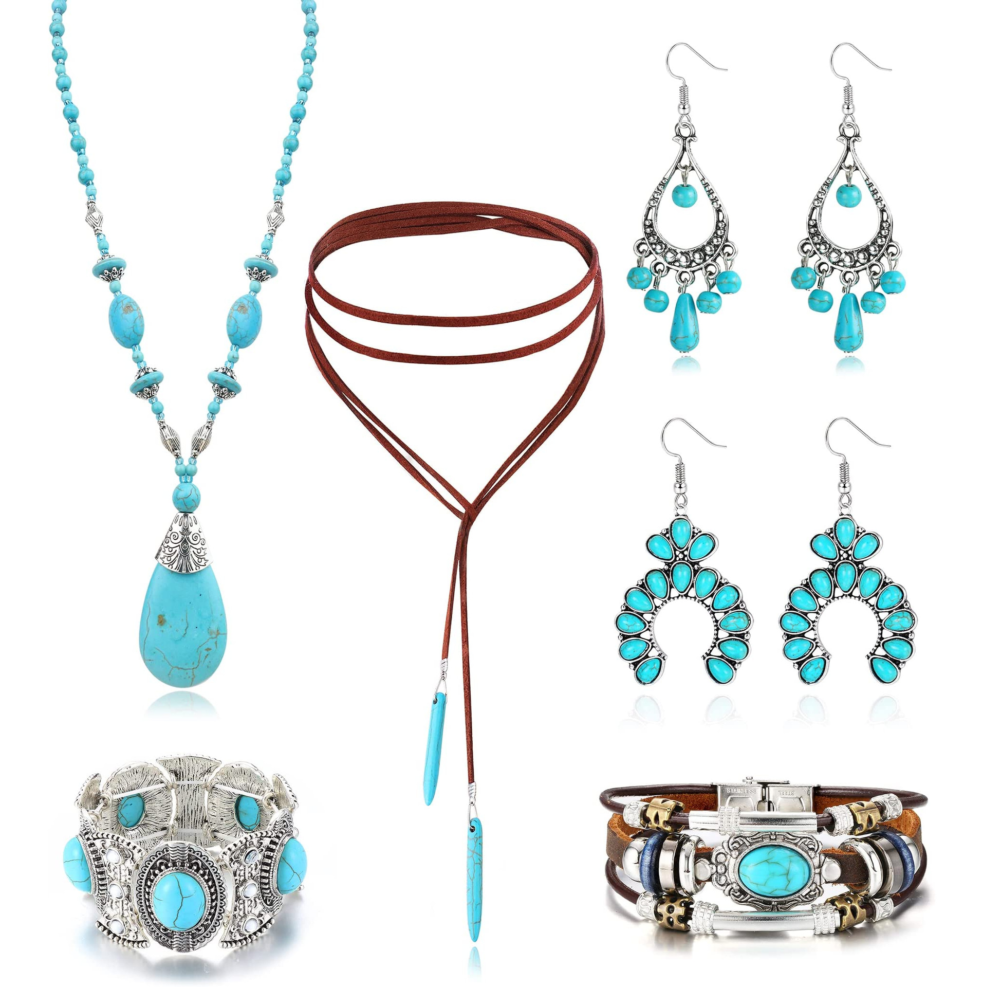 跨境爆款复古珍珠吊坠波西米亚串珠民族风首饰绿松石项链耳环套装